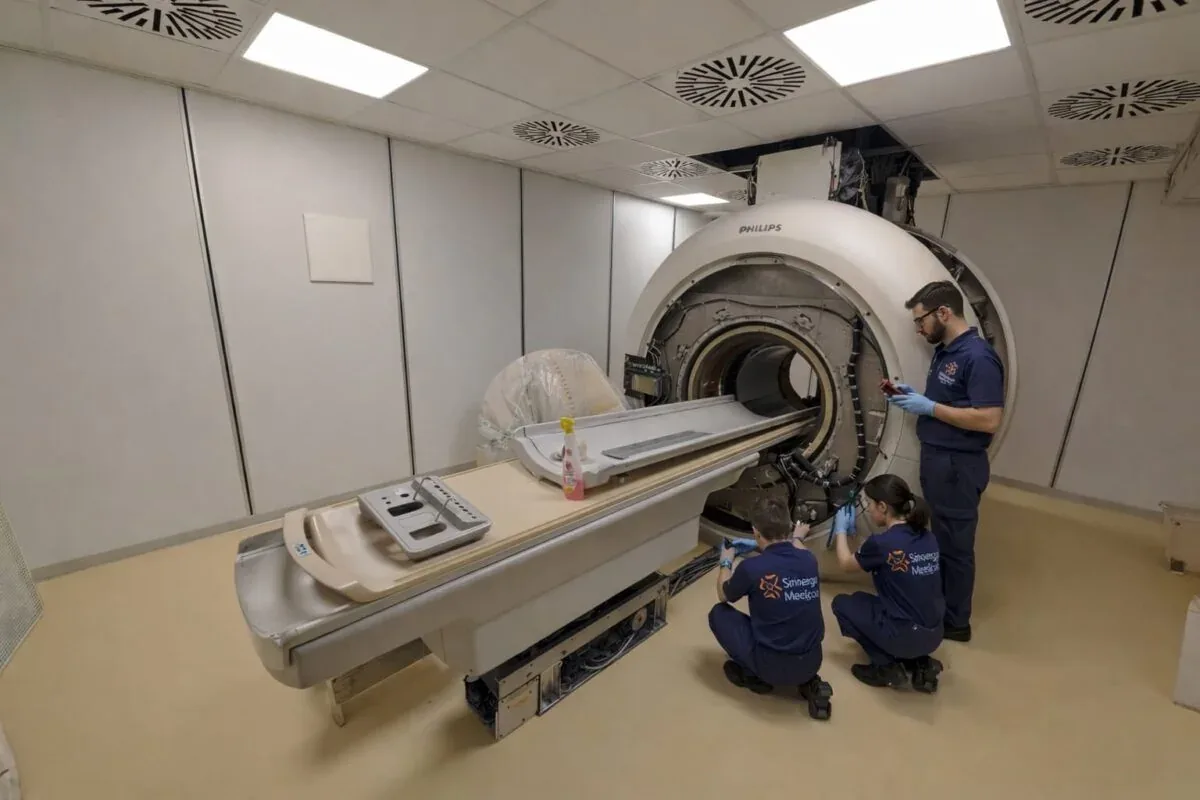 Sistema di risonanza magnetica con tecnici al lavoro